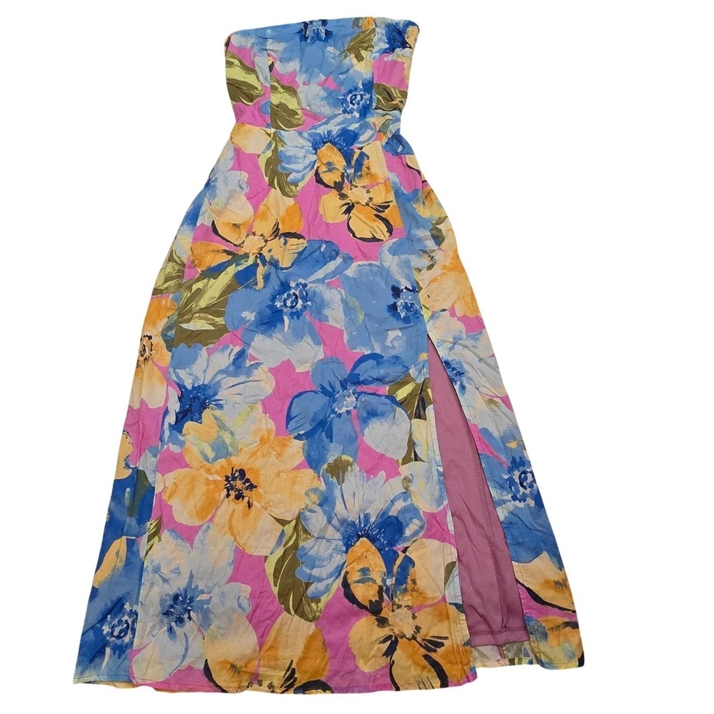 Lulus Strapless Floral Maxi Dress Pink Blue Smocked Back Cutout Slit S NWT - Picture 3 of 11
